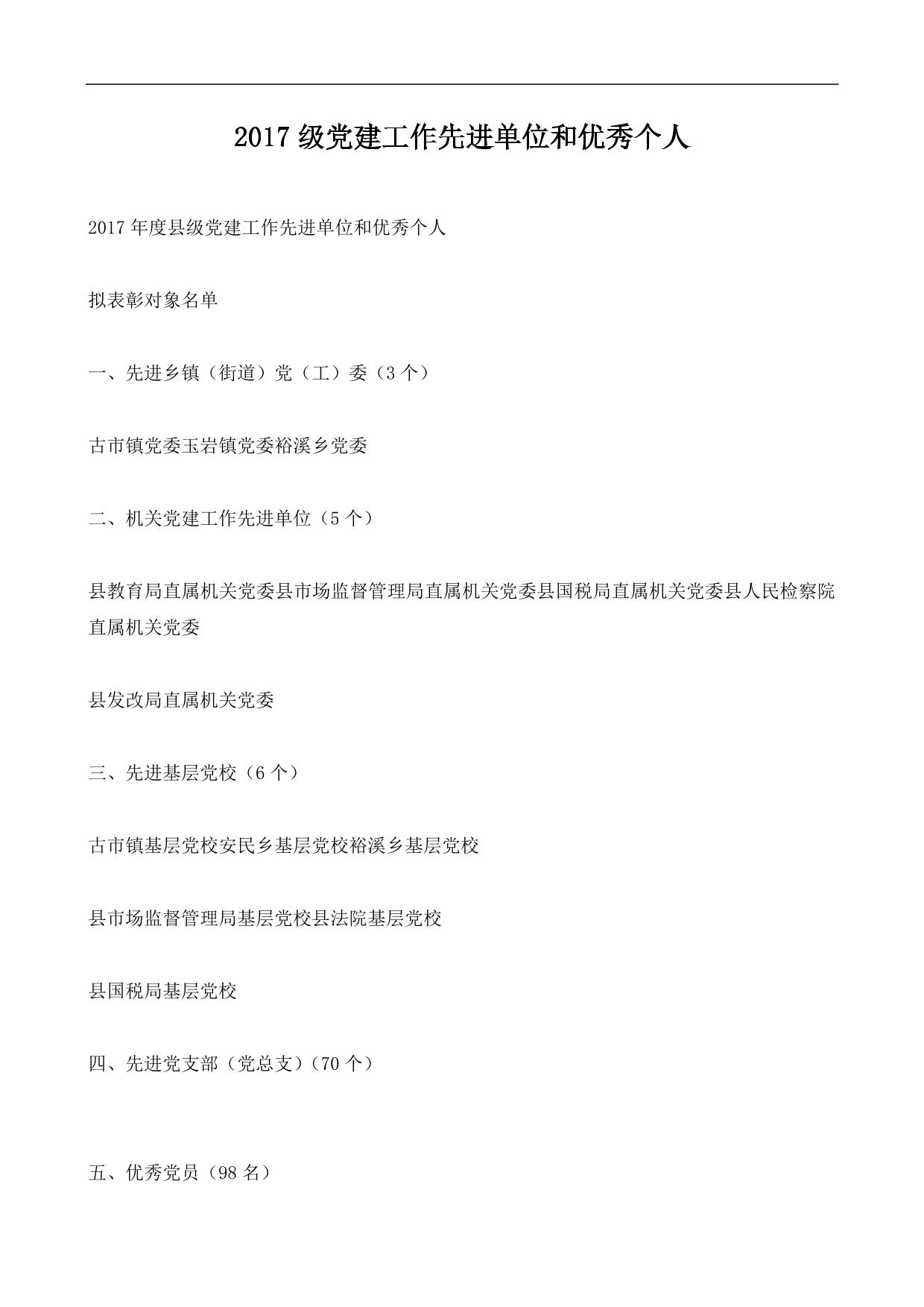 2017级党建工作先进单位和优秀个人
