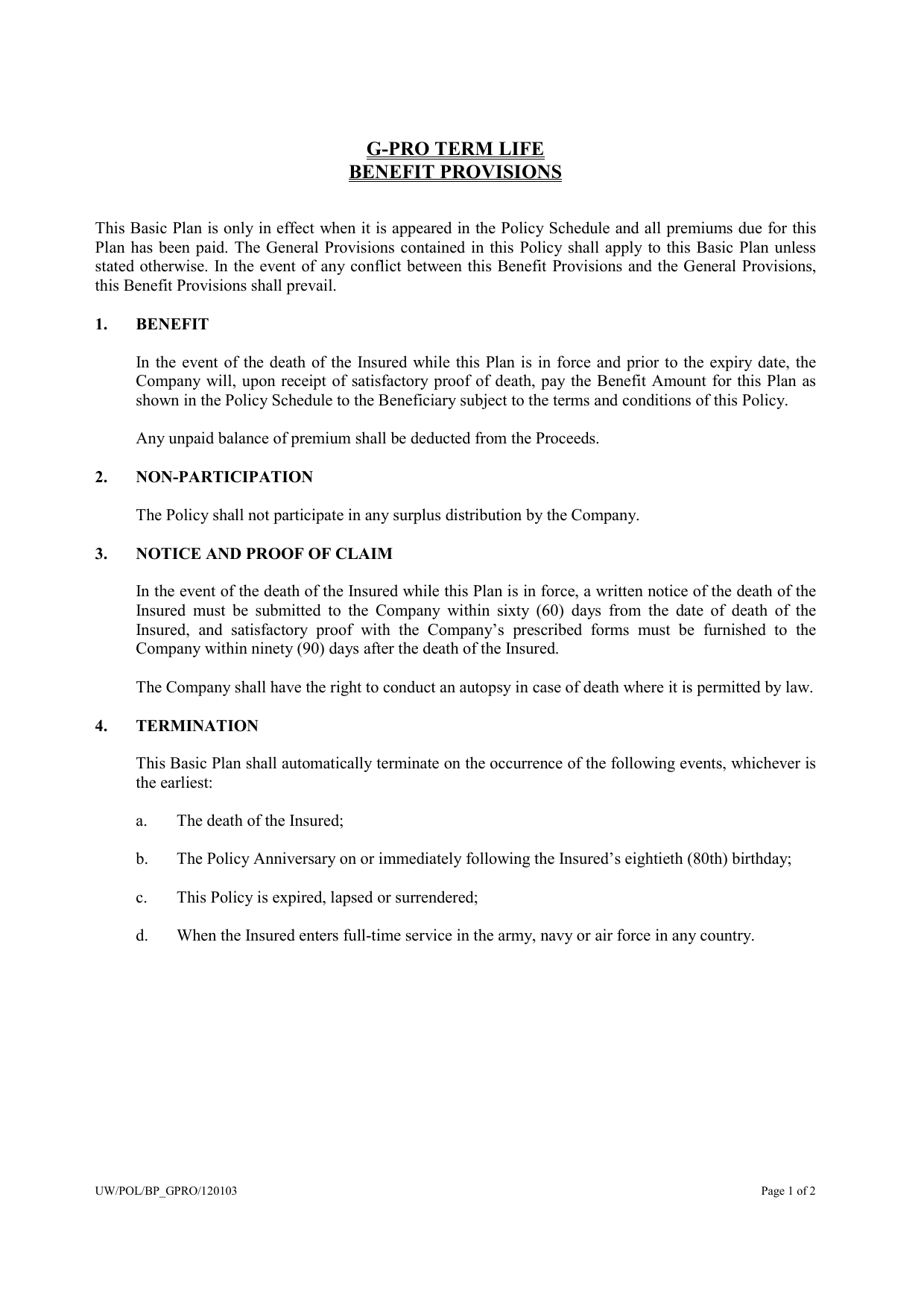 G-Pro Term Life – Benefit Provisions