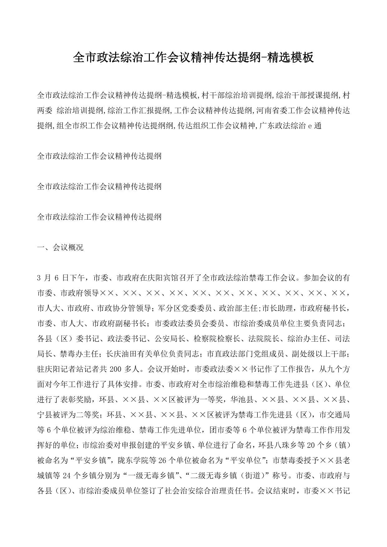全市政法综治工作会议精神传达提纲-精选模板