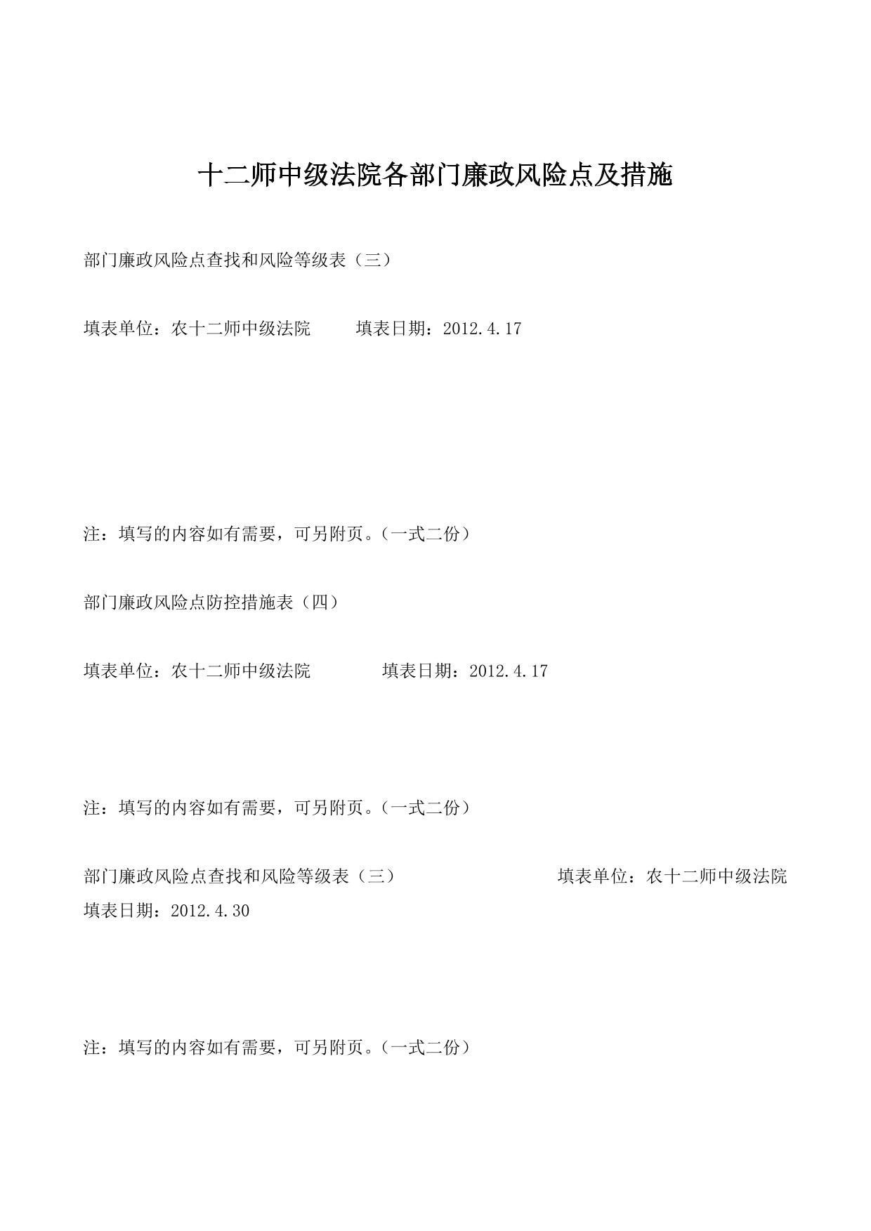 十二师中级法院各部门廉政风险点及措施
