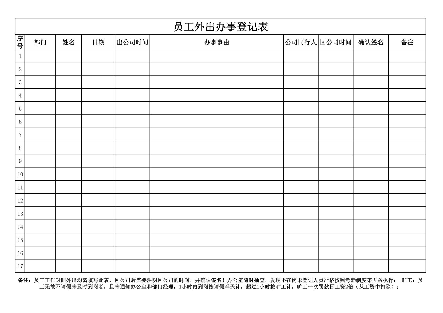 员工外出办事登记表
