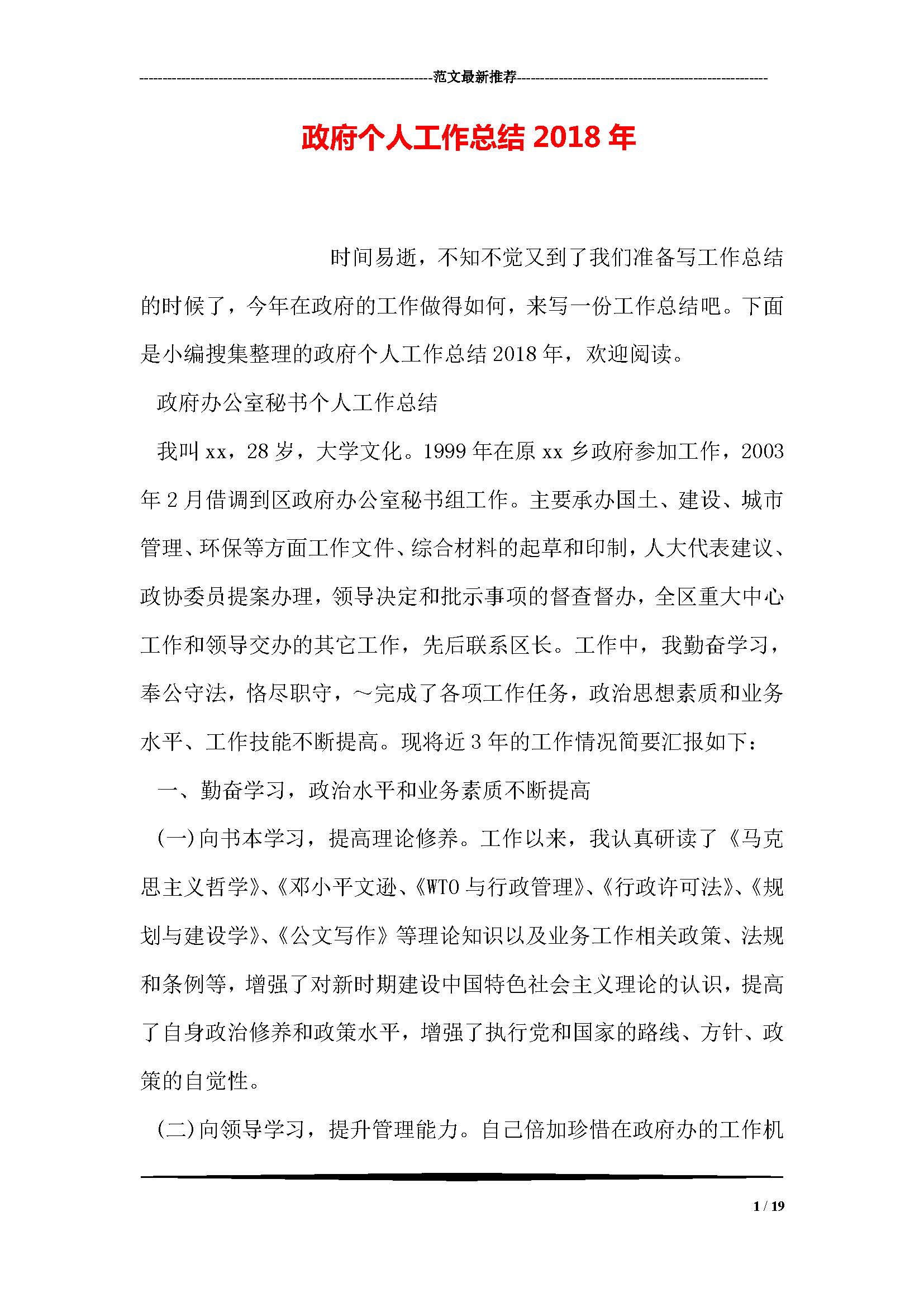 政府个人工作总结2018年