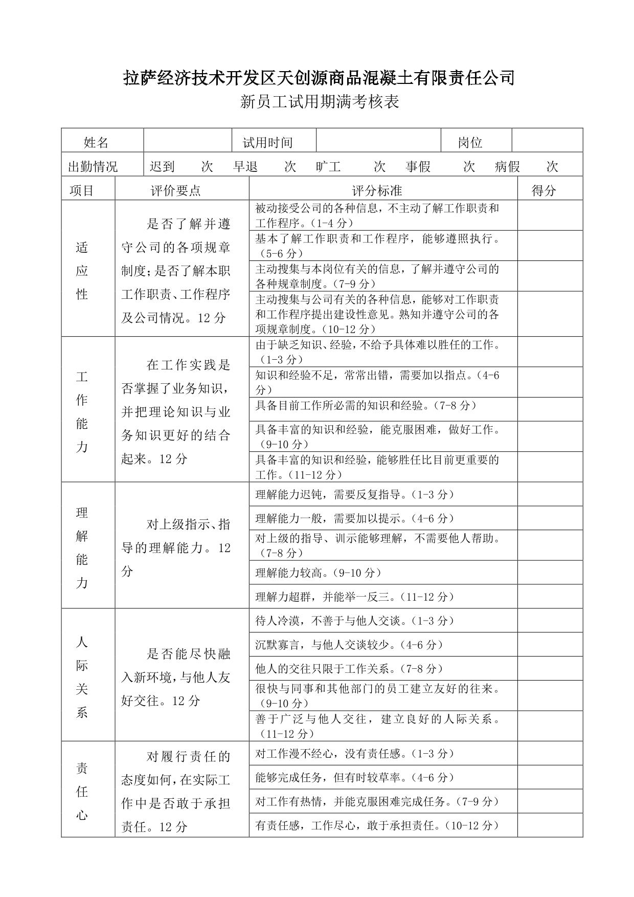 新员工试用期考核表