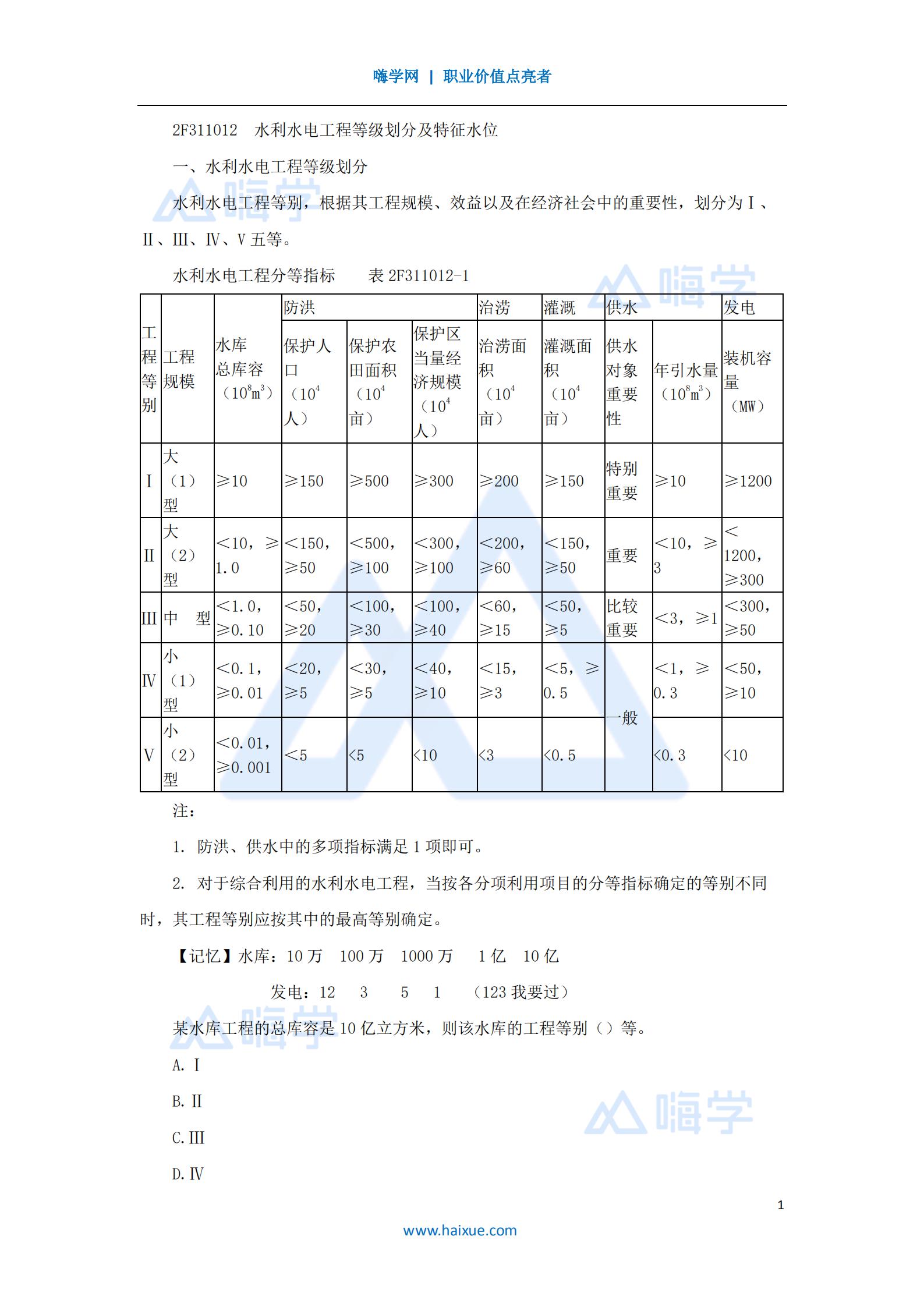 水利水电工程管理与实务工程等级划分及特征水位(5)