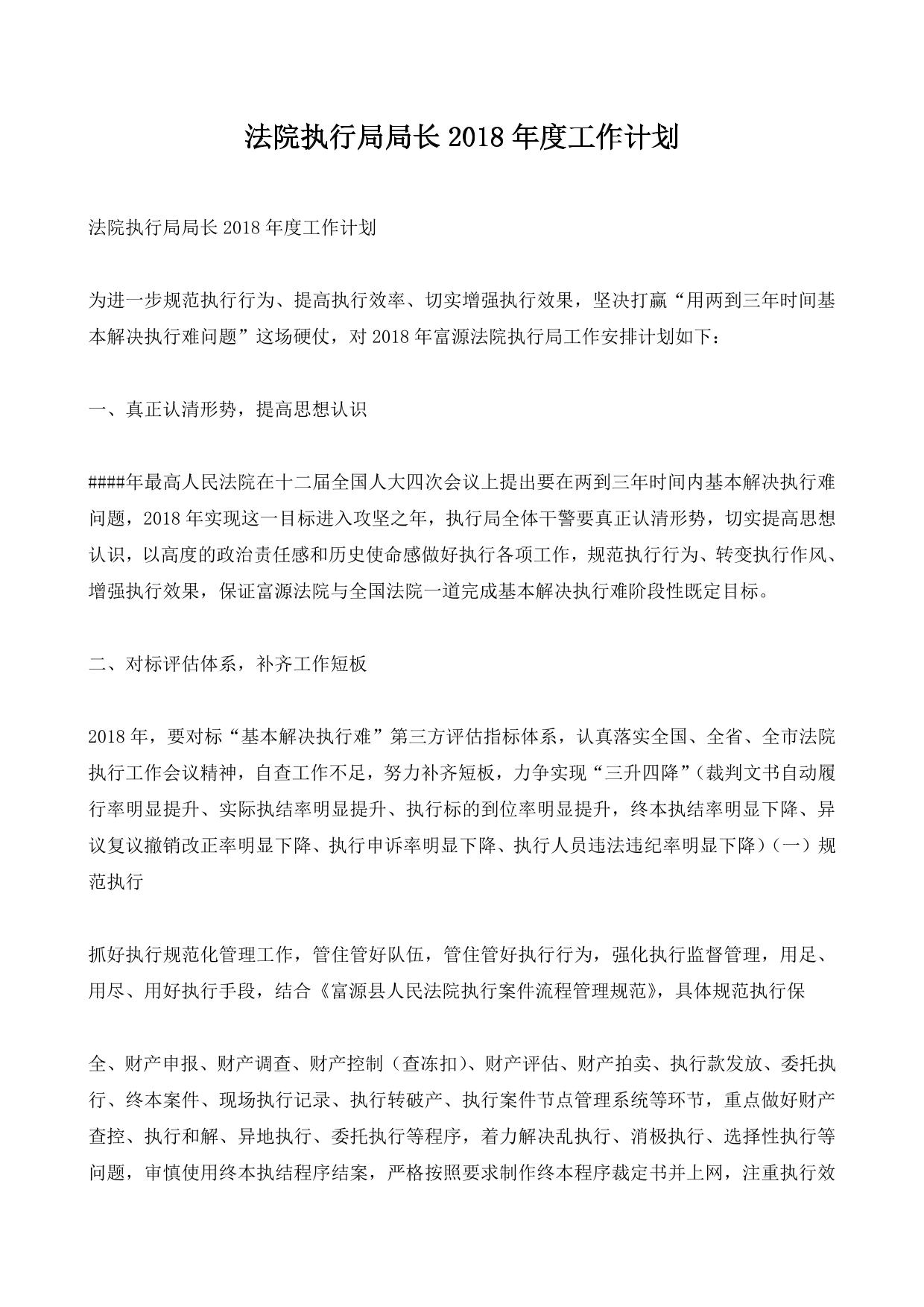 法院执行局局长年度工作计划