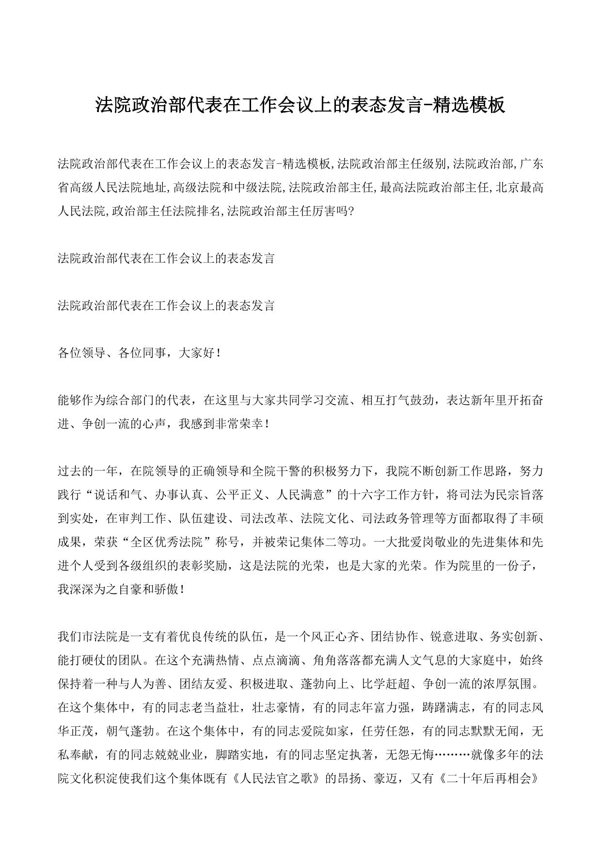 法院政治部代表在工作会议上的表态发言-精选模板