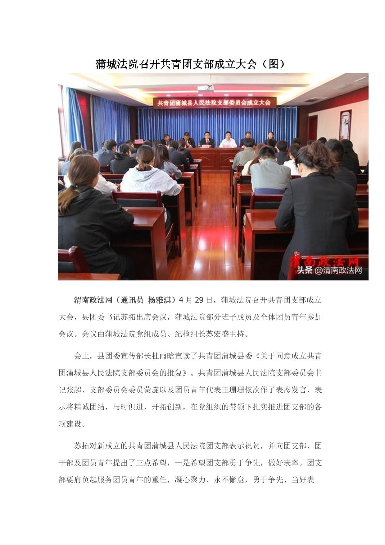 蒲城法院召开共青团支部成立大会（图）