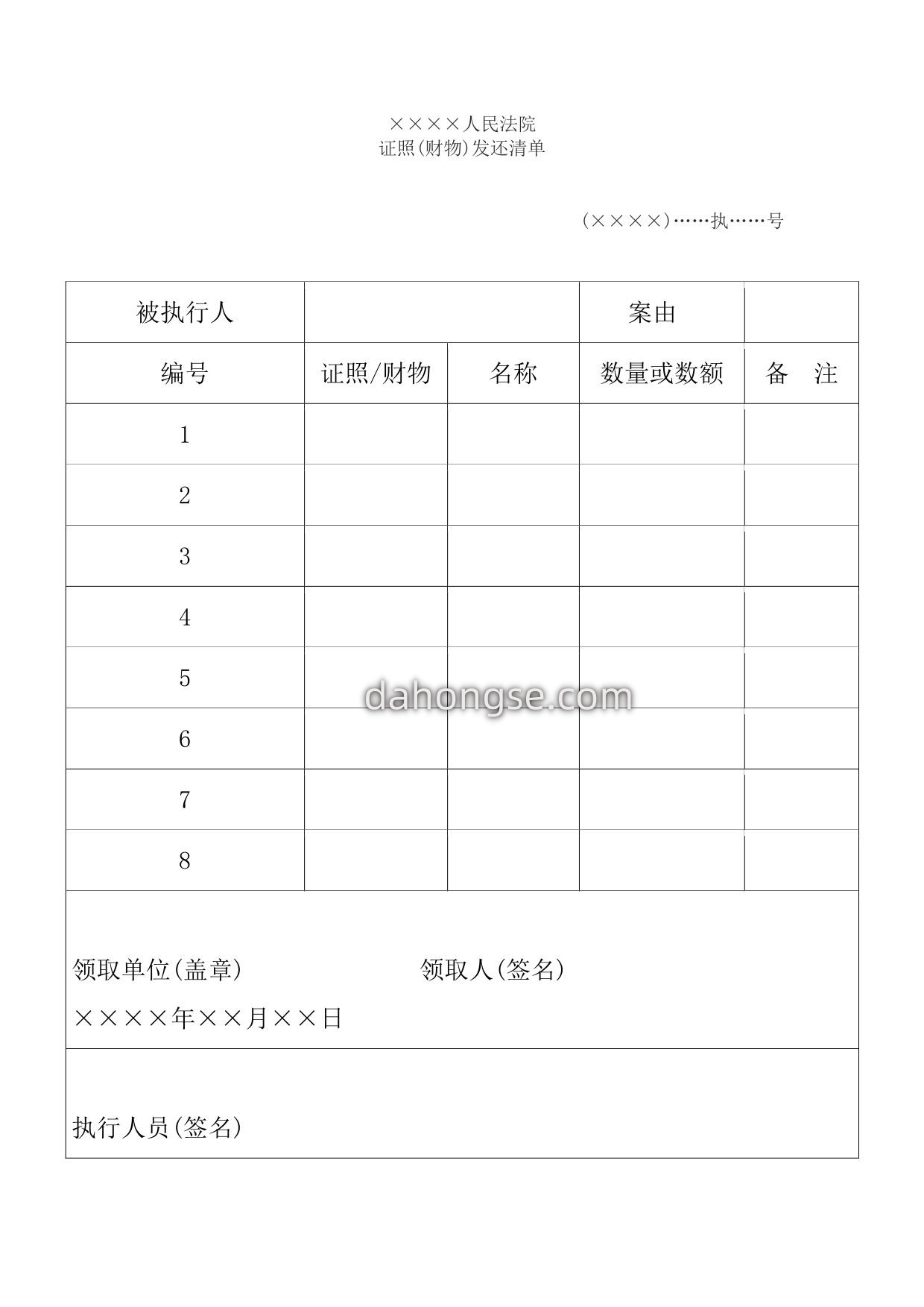 证照(财物)发还清单